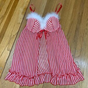 Inner Secrets Red White Striped Candy Cane Holiday Babydoll Lingerie Fur Trim M